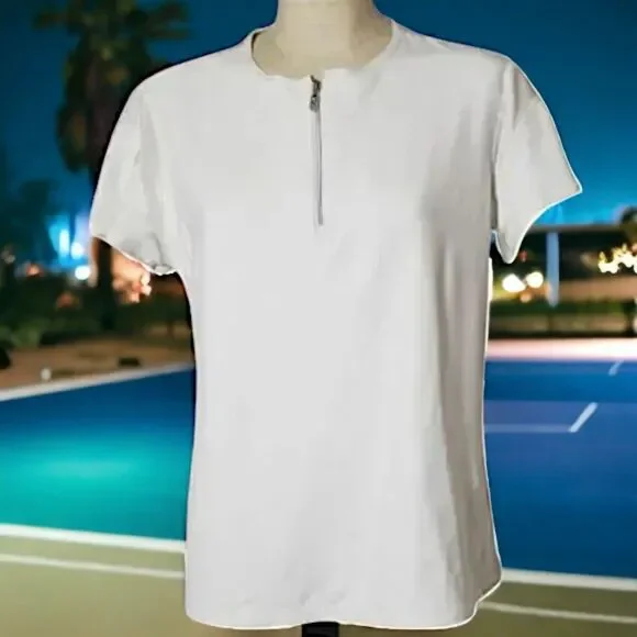 Sofibella White Short-Sleeved Half Zip Collarless Golf Shirt~$74 - Picture 2 of 11